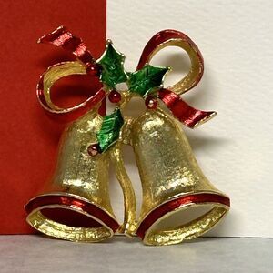New View Christmas Bell Brooch Red Ribbon Gold Tone Pin Tree Holly Signed Gift